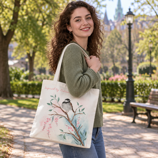 Bird and Floral Tote Bag, Watercolor Nature Illustration, Botanical Gift for Bird Lovers