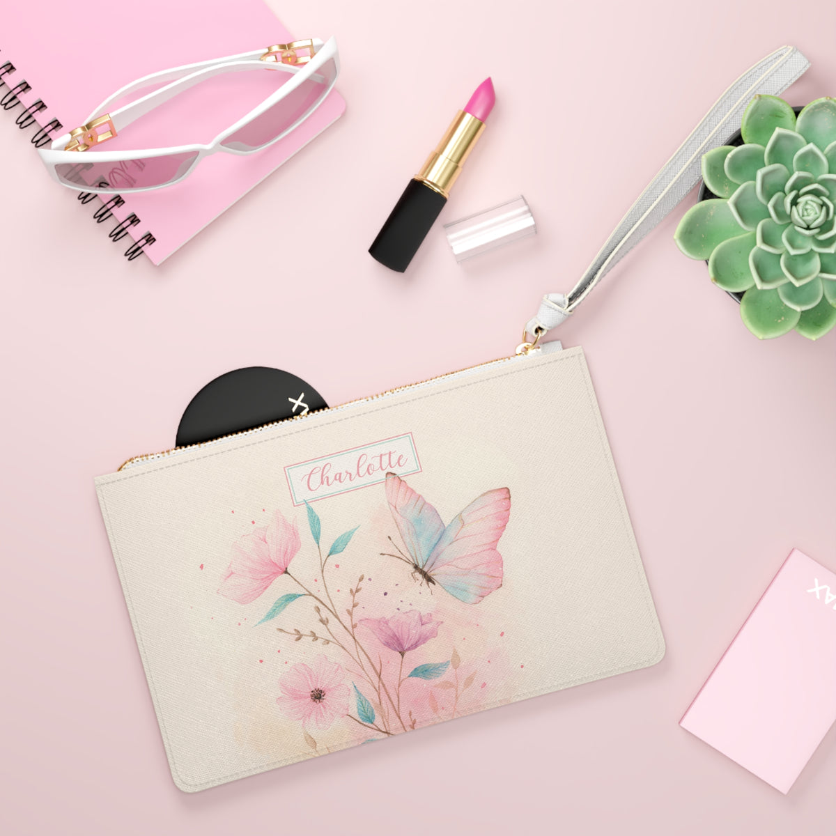 Custom Name Butterfly Floral Clutch Bag